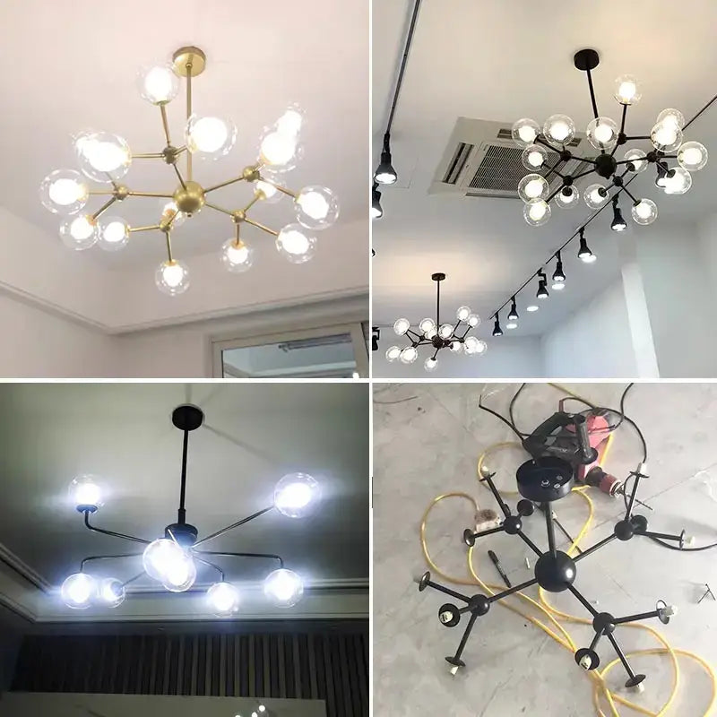 Modern brass & black glass ball pendant chandelier dining room