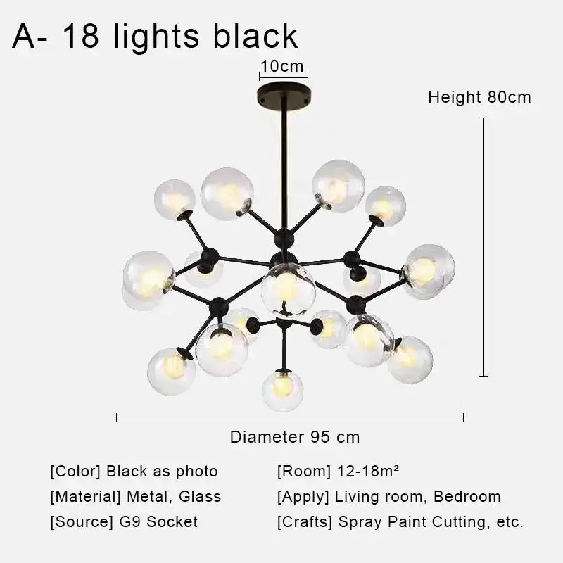 Modern brass & black glass ball pendant chandelier dining room