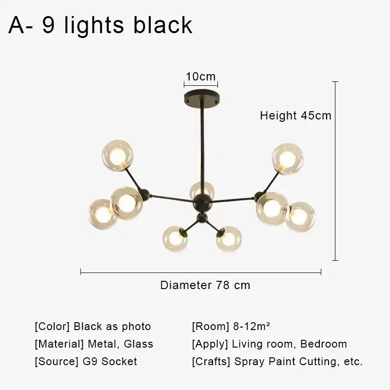 Modern brass & black glass ball pendant chandelier dining room