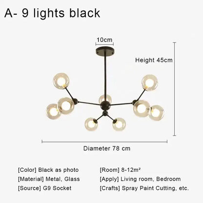 Modern brass & black glass ball pendant chandelier dining room