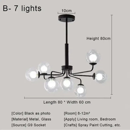 Modern brass & black glass ball pendant chandelier dining room