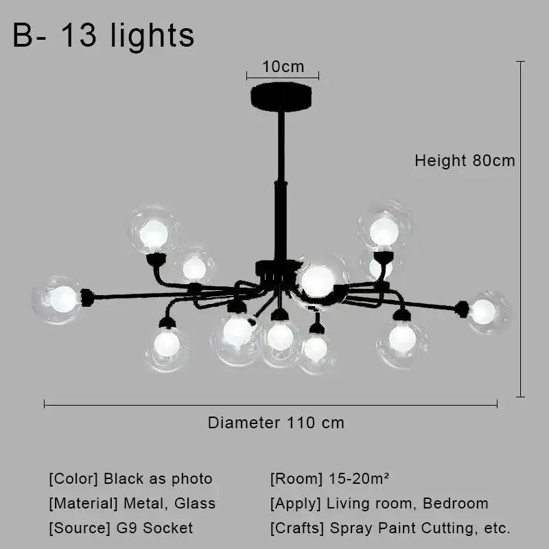 Modern brass & black glass ball pendant chandelier dining room