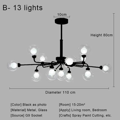 Modern brass & black glass ball pendant chandelier dining room