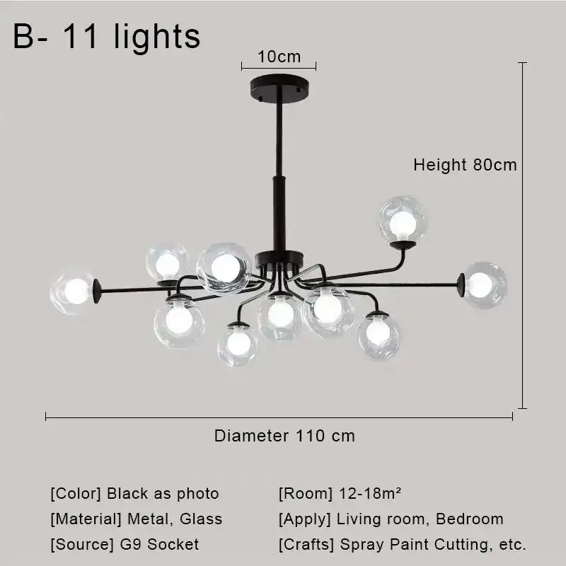 Modern brass & black glass ball pendant chandelier dining room