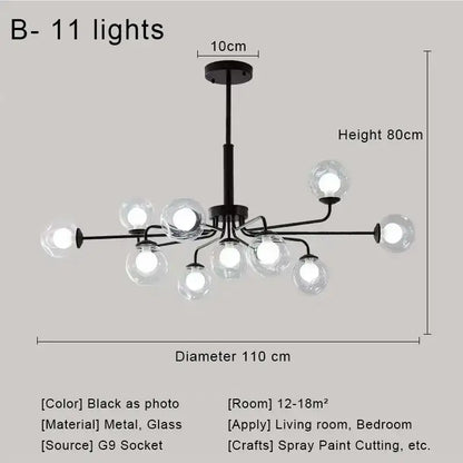 Modern brass & black glass ball pendant chandelier dining room