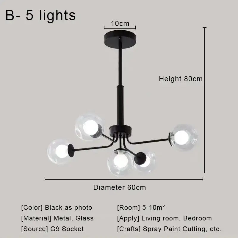 Modern brass & black glass ball pendant chandelier dining room