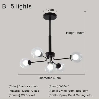 Modern brass & black glass ball pendant chandelier dining room