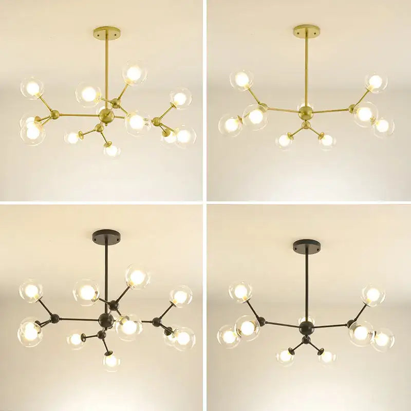 Modern brass & black glass ball pendant chandelier dining room