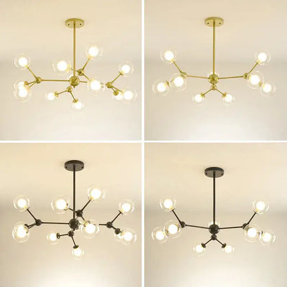 Modern brass & black glass ball pendant chandelier dining room