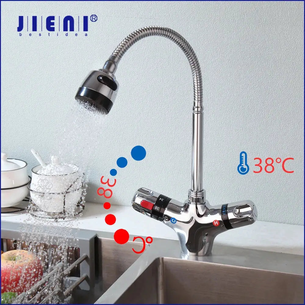 Modern brass & black kitchen sink faucet with temperature control