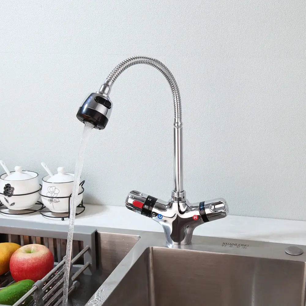Modern brass & black kitchen sink faucet with temperature control