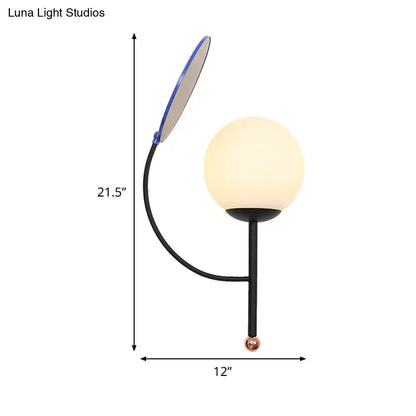 Modern brass & blue sconce bedroom light with white frosted glass