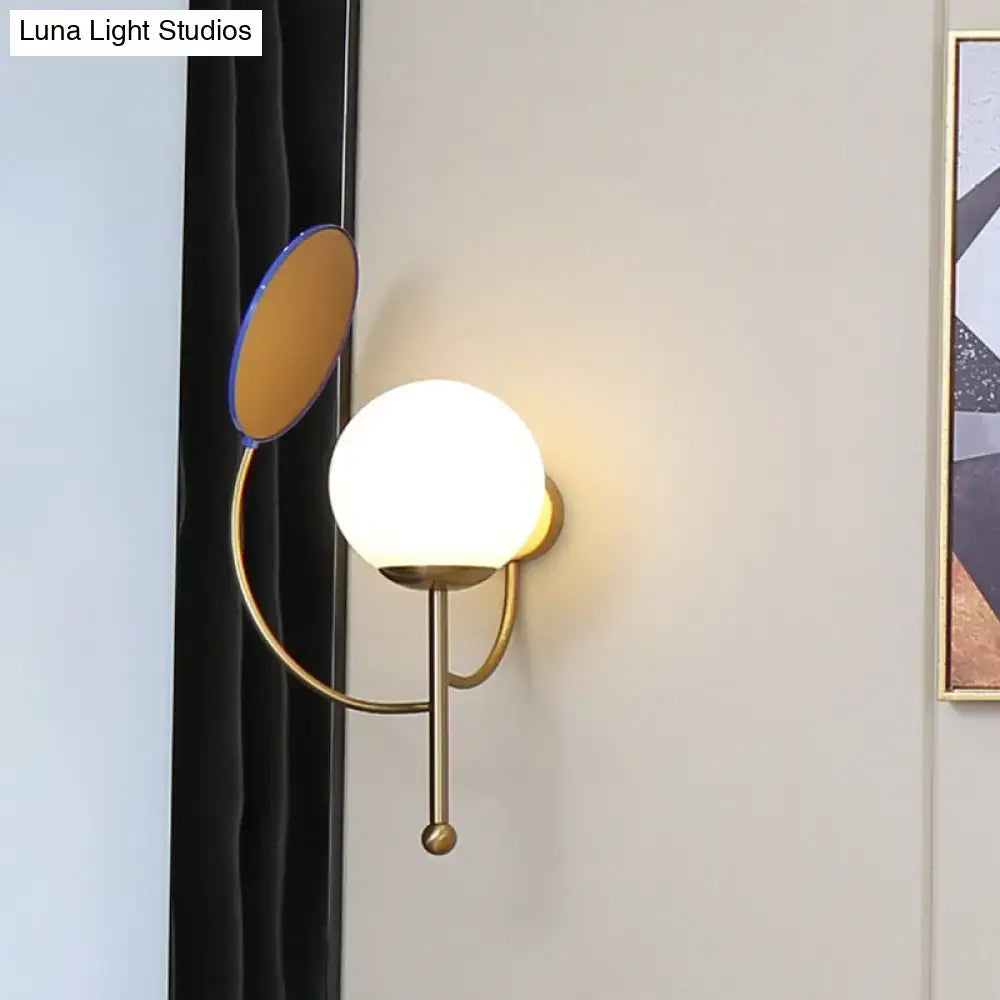 Modern brass & blue sconce bedroom light with white frosted glass