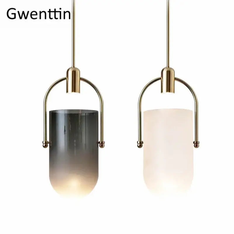 Modern brass bucket glass pendant lamp dining room gray & white