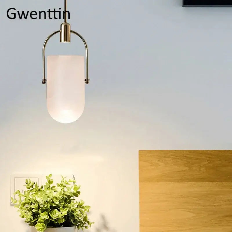 Modern brass bucket glass pendant lamp dining room gray & white