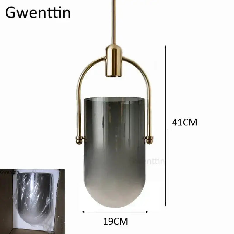 Modern brass bucket glass pendant lamp dining room gray & white