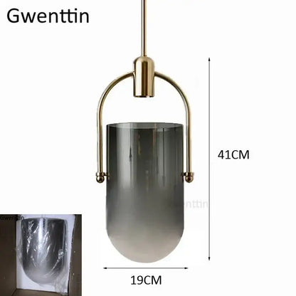 Modern brass bucket glass pendant lamp dining room gray & white