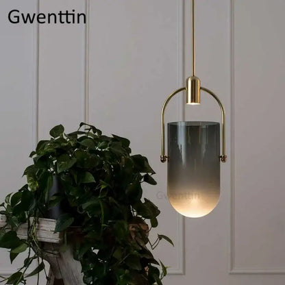 Modern brass bucket glass pendant lamp dining room gray & white