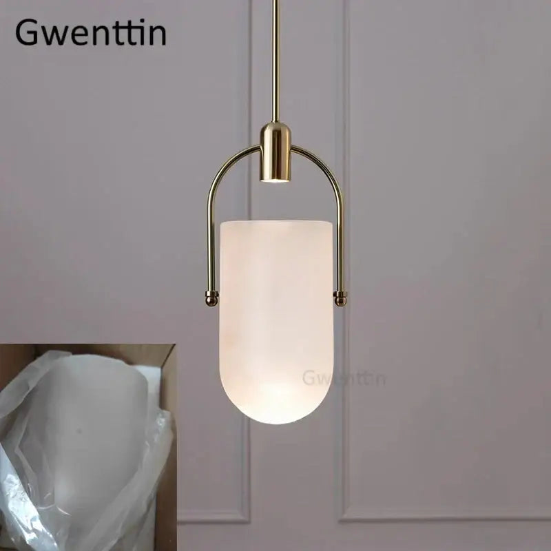 Modern brass bucket glass pendant lamp dining room gray & white