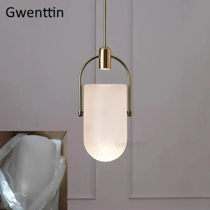 Modern brass bucket glass pendant lamp dining room gray & white