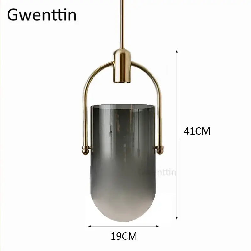 Modern brass bucket glass pendant lamp dining room gray & white