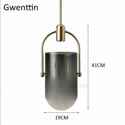 Modern brass bucket glass pendant lamp dining room gray & white