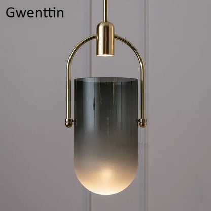 Modern brass bucket glass pendant lamp dining room gray & white