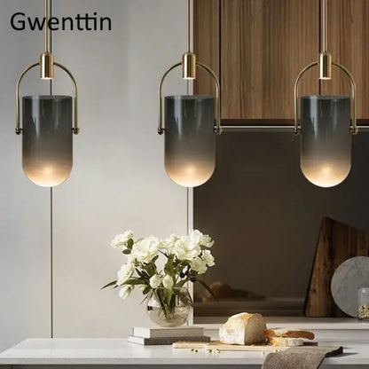 Modern brass bucket glass pendant lamp dining room gray & white