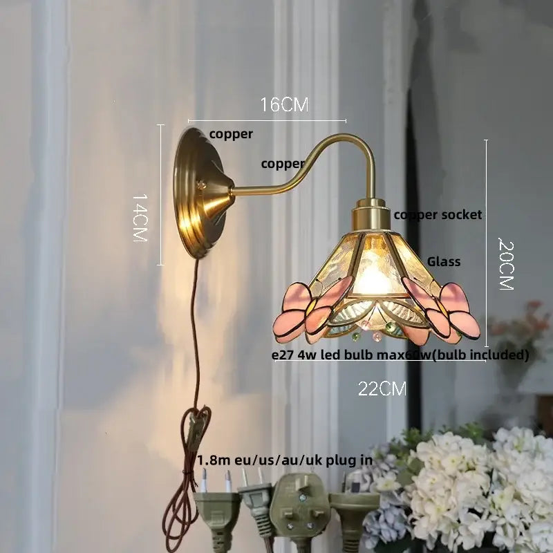 Modern brass butterfly wall sconce bedroom pink & blue glass light