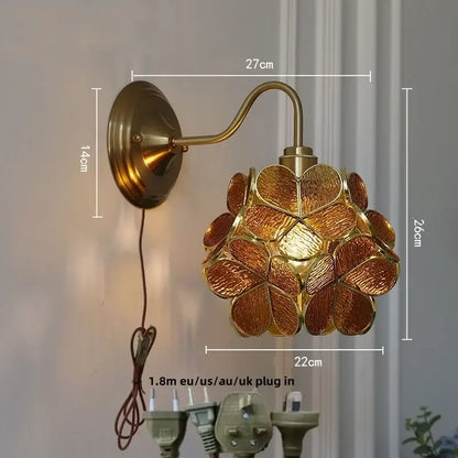 Modern brass butterfly wall sconce bedroom pink & blue glass light