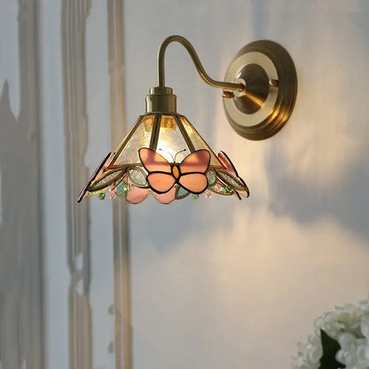 Modern brass butterfly wall sconce bedroom pink & blue glass light