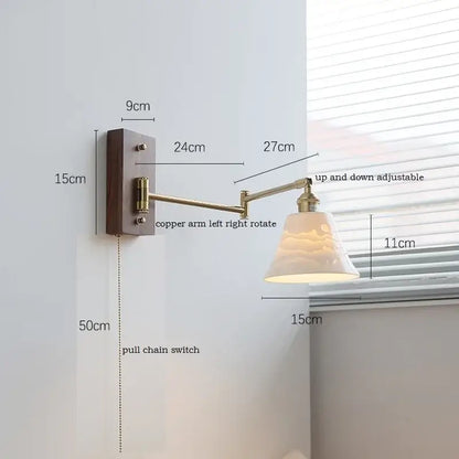 Modern brass canopy led wall light bedroom pull chain switch
