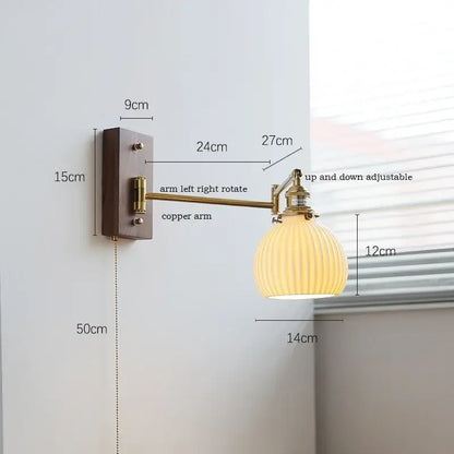 Modern brass canopy led wall light bedroom pull chain switch