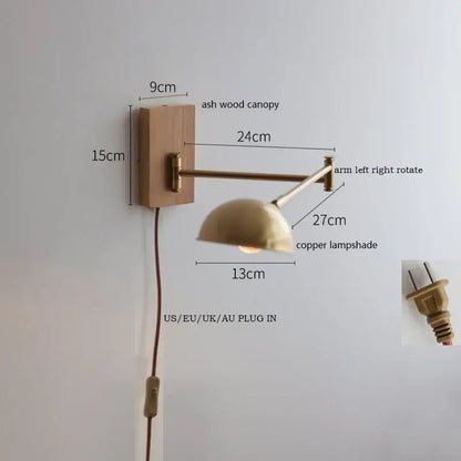 Modern brass canopy led wall light bedroom pull chain switch