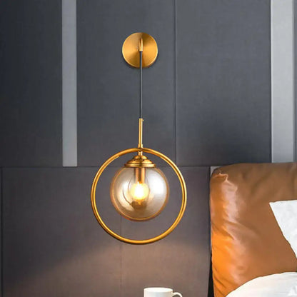 Modern brass circular wall mounted lamp bedroom glass globe shade