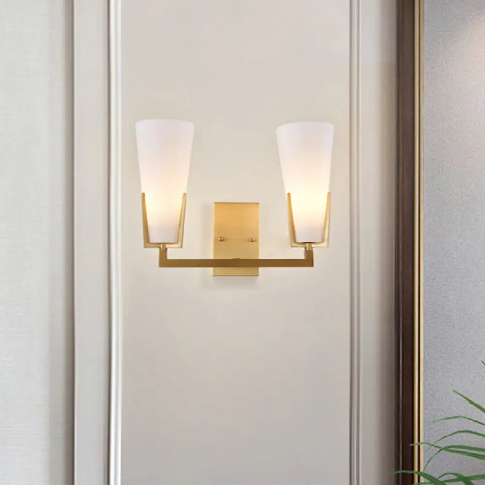 DecorBites™ Modern Brass Cone Wall Sconce with White Glass Shade - Bedside Lighting Fixture with 2 Bulbs