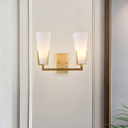 DecorBites™ Modern Brass Cone Wall Sconce with White Glass Shade - Bedside Lighting Fixture with 2 Bulbs