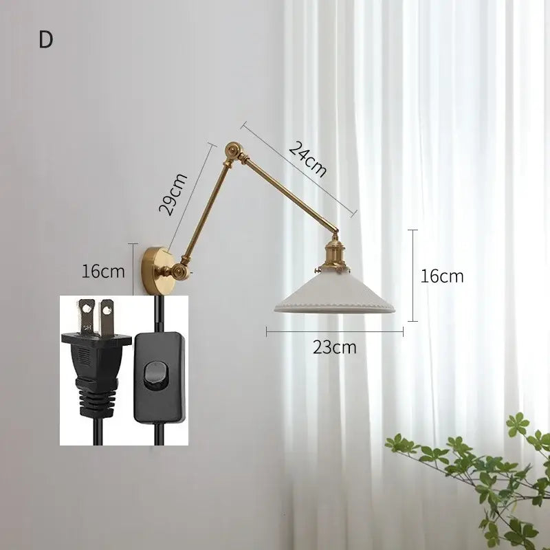 Modern brass copper swing arm wall sconce with ribbed glass bedroom light