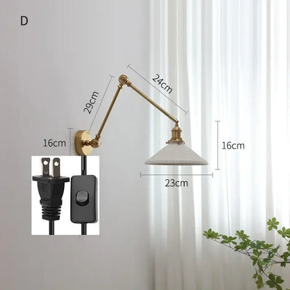 Modern brass copper swing arm wall sconce with ribbed glass bedroom light