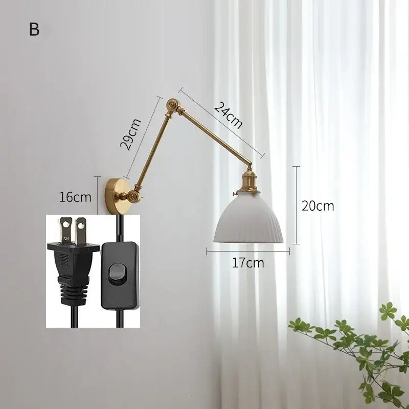 Modern brass copper swing arm wall sconce with ribbed glass bedroom light