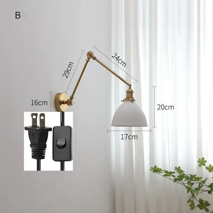 Modern brass copper swing arm wall sconce with ribbed glass bedroom light