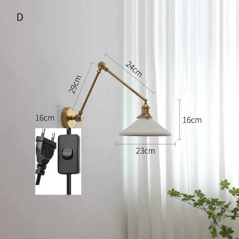 Modern brass copper swing arm wall sconce with ribbed glass bedroom light