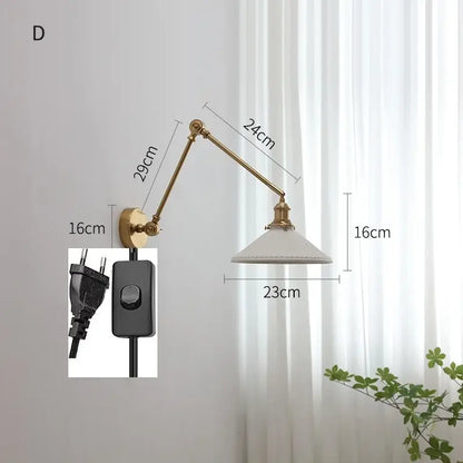 Modern brass copper swing arm wall sconce with ribbed glass bedroom light
