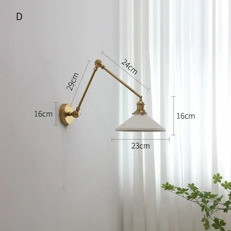 Modern brass copper swing arm wall sconce with ribbed glass bedroom light