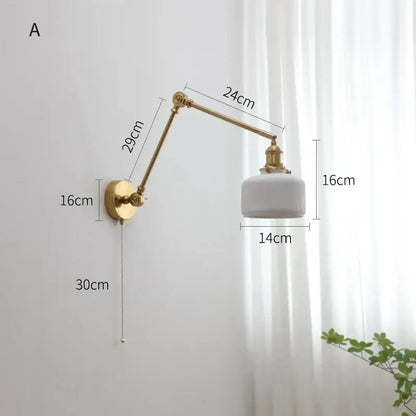Modern brass copper swing arm wall sconce with ribbed glass bedroom light