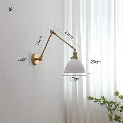 Modern brass copper swing arm wall sconce with ribbed glass bedroom light