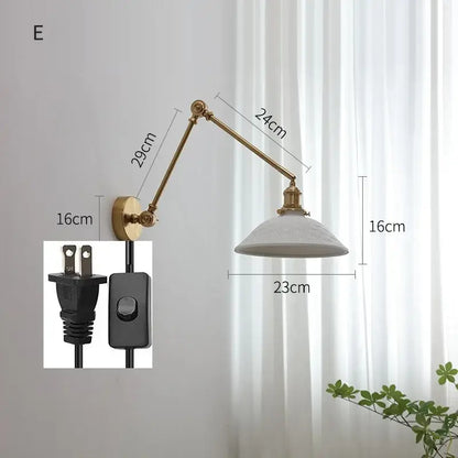 Modern brass copper swing arm wall sconce with ribbed glass bedroom light