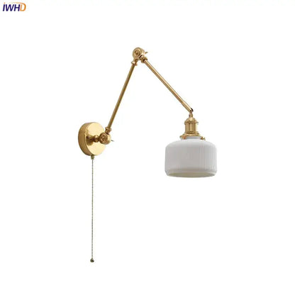 Modern brass copper swing arm wall sconce with ribbed glass bedroom light