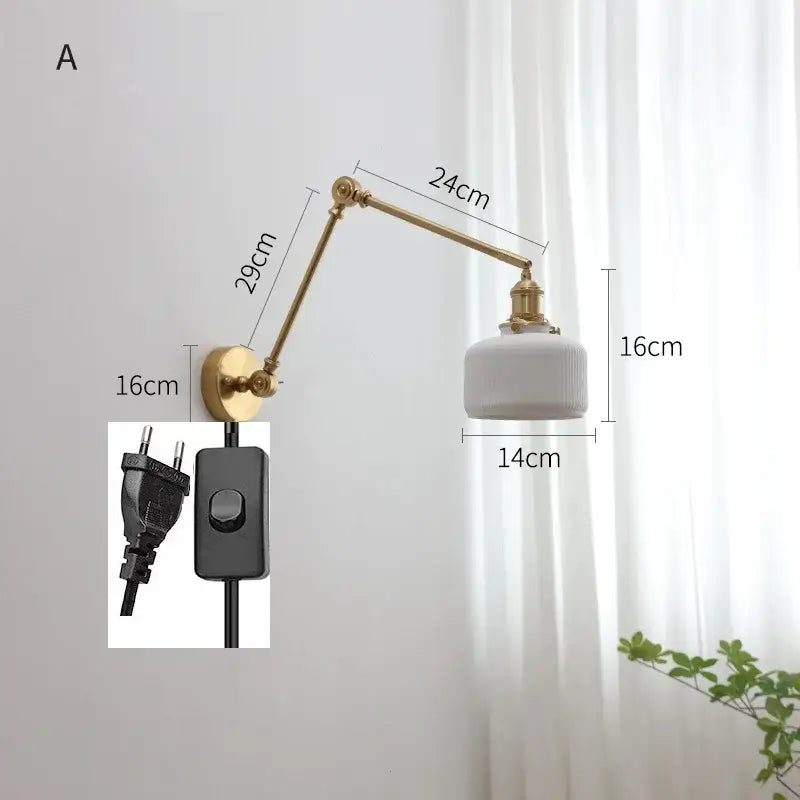 Modern brass copper swing arm wall sconce with ribbed glass bedroom light