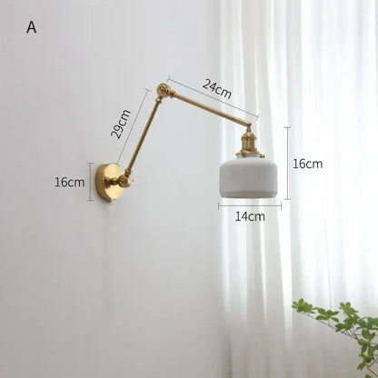 Modern brass copper swing arm wall sconce with ribbed glass bedroom light
